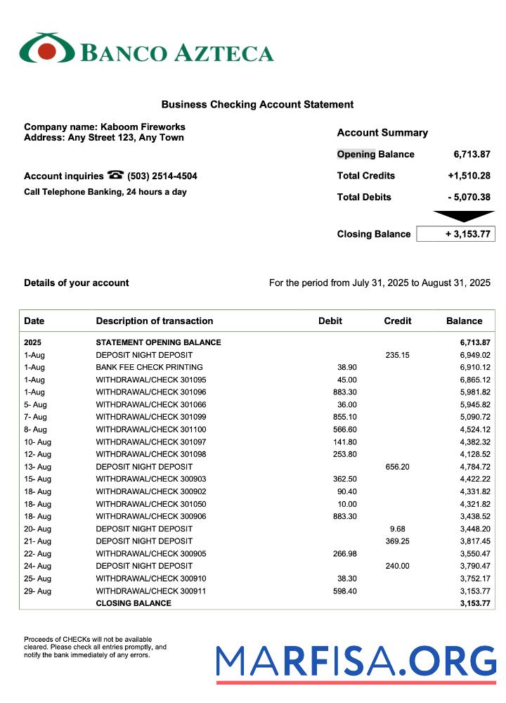 Realistic Salvador Banco Azteca organization checking account statement Word and PDF format template